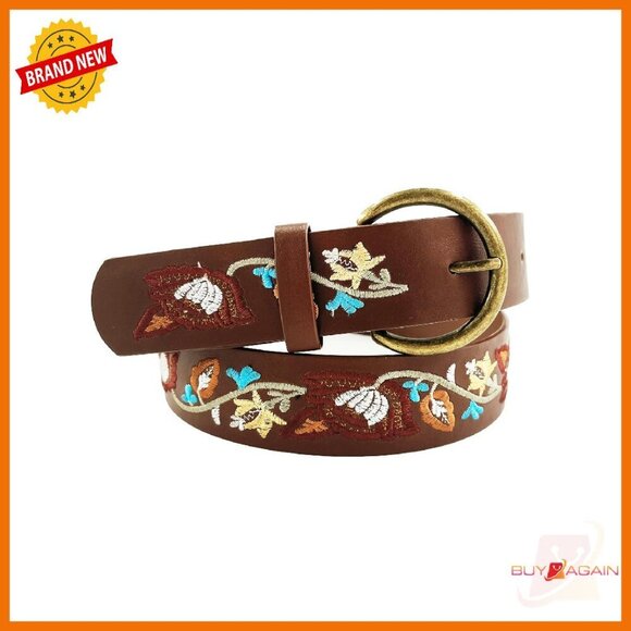Women\'s PU Leather Belt with Floral Embroidery, Bronze Buckle, Size S/M